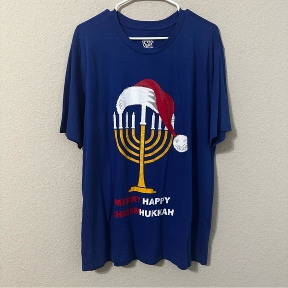 Christmas Hanukkah T-Shirt Blue Short Sleeve Seven Oaks Merry Happy Holiday